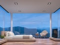 Night scene glass house bedroom with mountain view 3d rendering image Royalty Free Stock Photo