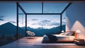 night scene glass house bedroom with mountain view. Generative AI. Royalty Free Stock Photo