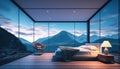 night scene glass house bedroom with a mountain view. White wall, armchair, lamps, large bed. Generative AI. Royalty Free Stock Photo