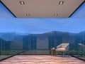 Night scene glass house living room with mountain view 3d rendering image Royalty Free Stock Photo