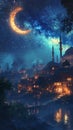 Night scene with glowing Islamic crescent adds mystical ambiance