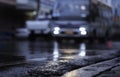 Night scene of hard rain fall in the city. Royalty Free Stock Photo