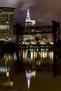 Terminal Tower - Bridges along Cuyahoga River - Night Scene of Cleveland, Ohio Royalty Free Stock Photo