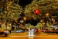 Night scene of holiday decoration along Old Market  at 10th street Omaha downtown intersection. Royalty Free Stock Photo