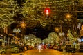 Night scene of holiday decoration along Old Market  at 10th street Omaha downtown intersection. Royalty Free Stock Photo