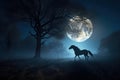 Night Scene With The Running Horse Under The Giant Moonlight