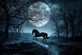 Night Scene With The Running Horse Under The Giant Moonlight