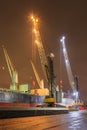 Night scene with illuminated massive cranes, Port of Antwerp, Belgium