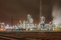 Night scene with illuminated petrochemical production plant and train tracks, Antwerp, Belgium Royalty Free Stock Photo