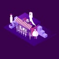 Night scene with isometric tailor atelier shop. Concept in vivid purple colors with large mannequins and white dresses. Small busi