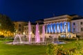 Night scene of the Justice Palace and the artistic garden fountain in Tours