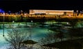 Night scene of the Kiewit Luminarium at the Riverfront Omaha