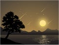 Night scene in lake with full moon, stars and tree silhouette under starry sky