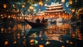 Night scene of lanterns adrift on Chinese Hungry Ghost Festival. Generative ai