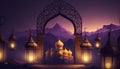 a night scene with lanterns and a mosque in the mountains with a view of the mountains and the mountains in the distance is a