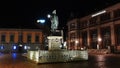 Night scene of Ludvig Holberg statue in Bergen city in Norway in autumn