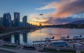 Night scene of modern buildings in Vancouver downtown. Long exposure of waterfront. Colorful city night with skyscrapers Royalty Free Stock Photo