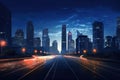 Night scene of modern city with road and light trails. 3d rendering, Night cityscape with bilding and road in Beijing city, AI