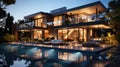 Night scene of modern Luxurious house with swimming pool Royalty Free Stock Photo