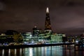 Night scene: modern Shrad skyscraper on a bank of Thames in London city, UK