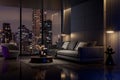 Night scene, Modern style luxury black living room with city view 3d render Royalty Free Stock Photo