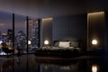 Night scene, Modern style luxury black master bedroom with city view 3d render Royalty Free Stock Photo