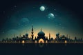 Night Scene With Mosque and Moon, Tranquil Islamic Architecture Illuminated by Lunar Glow, Ramadan Kareem background featuring a
