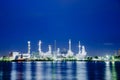 Night scene of oil refinery plant of Petrochemistry industry in twilight time and reflection in near river, gas and oil production Royalty Free Stock Photo