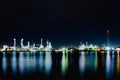 Night scene of oil refinery plant of Petrochemistry industry in twilight time and reflection in near river, gas and oil production Royalty Free Stock Photo