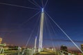 Night scene of Omaha Kerrey suspension bridge tower with suspension cables with beautiful sky colors just after sunset