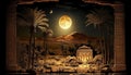 Night scene painting on papyrus Egyptian culture Generative AI Illustration