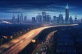 night scene of the shanghai skyline with car light trails on the road, Night cityscape with bilding and road in Beijing city, AI