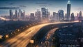 night scene of the shanghai skyline with car light trails on the road, Night cityscape with bilding and road in Beijing city, AI