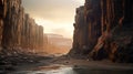 Hyper-realistic Sci-fi Sunset Over Rocky Gorge With Flowing Water