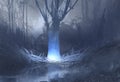 Night scene of spooky forest with swamp