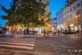 Night scene street corner with tall tree and pedestrian crossing, people blurred in log exposure