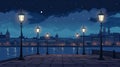 Night scene with street lamps near lake illustration AI Generated Royalty Free Stock Photo