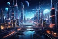 Night scene of a street in Shanghai, China. 3D rendering, Spectacular nighttime in a cyberpunk city of the futuristic fantasy Royalty Free Stock Photo