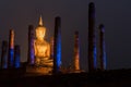 Night scene of Sukhothai historical park, Mahathat Temple ,Thailand. Royalty Free Stock Photo