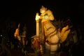 Night scene Thai Giant guardian at front entrance of the `Ordination Hall` in Wat Arun Ratchawararam.