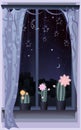 Night scene with three blooming cacti