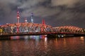 TV tower and skyscraper view from steel bridge at night in shanghai city Royalty Free Stock Photo