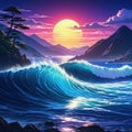 night scene of the waves off kanawagin neon styled anime