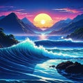 night scene of the waves off kanawagin neon styled anime Royalty Free Stock Photo