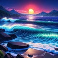 night scene of the waves off kanawagin neon styled anime Royalty Free Stock Photo