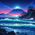 night scene of the waves off kanawagin neon styled anime