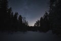Night scene in winter, starry sky and frozen river, Estonian nature