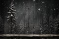 A night scene with a wooden boards and trees. Snowing at night. Christmas winter holidays background Royalty Free Stock Photo