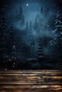 A night scene with a wooden boards and trees. Snowing at night. Christmas winter holidays background Royalty Free Stock Photo