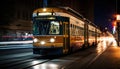 A night scene of Yonge Street in Toronto featuring streetcars in motion